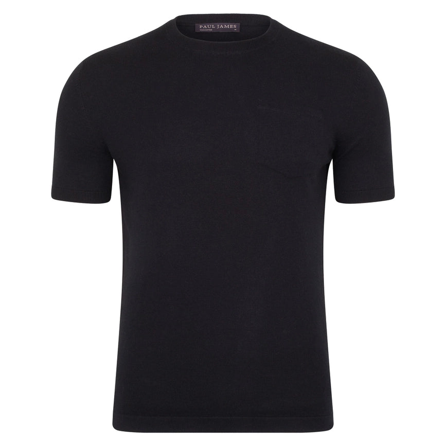 Mens Ultra Fine Cotton Knitted Pocket T-Shirt Black-T-Shirt-Paul James Knitwear-S-Black-Urbanheer