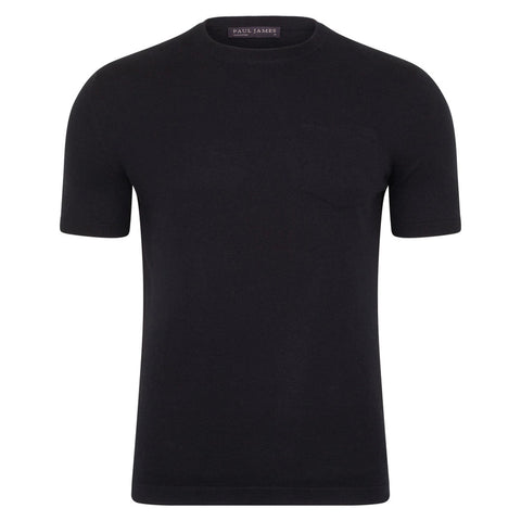 Mens Ultra Fine Cotton Knitted Pocket T-Shirt Black-T-Shirt-Paul James Knitwear-S-Black-Urbanheer