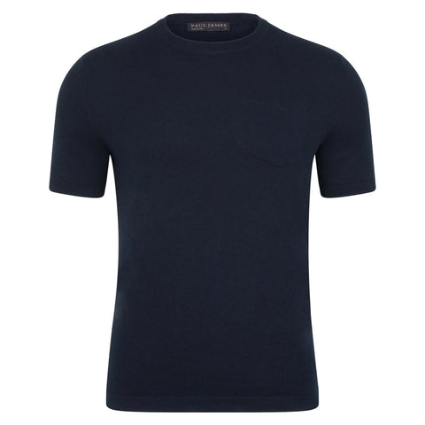 Mens Ultra Fine Cotton Knitted Pocket T-Shirt Navy-T-Shirt-Paul James Knitwear-S-Navy-Urbanheer