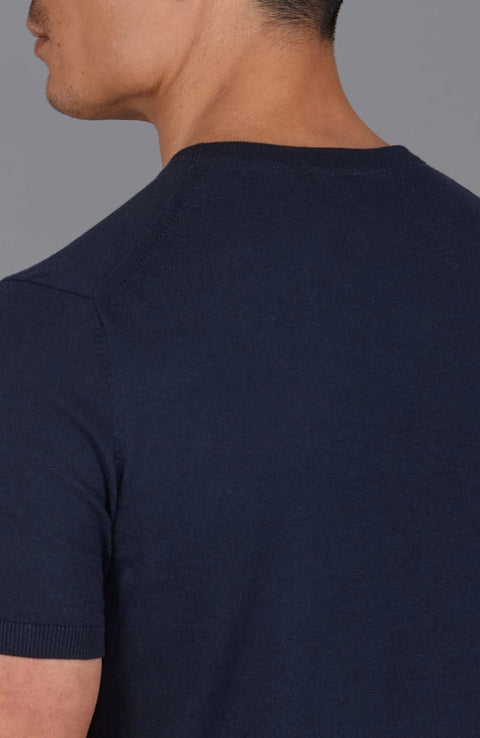 Mens Ultra Fine Cotton Knitted Pocket T-Shirt Navy-T-Shirt-Paul James Knitwear-S-Navy-Urbanheer