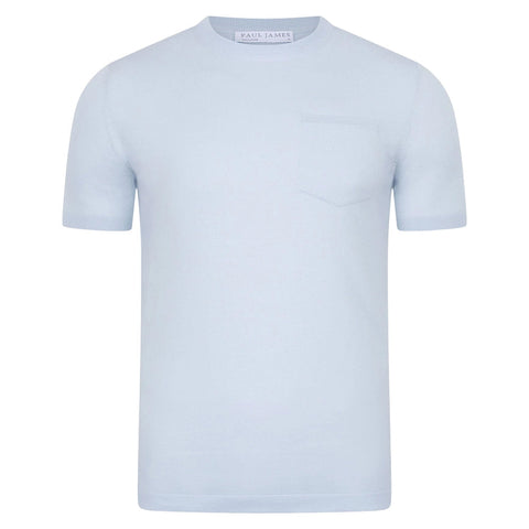 Mens Ultra Fine Cotton Knitted Pocket T-Shirt Pale Blue-T-Shirt-Paul James Knitwear-M-Pale Blue-Urbanheer
