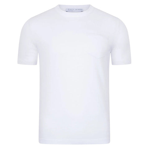 Mens Ultra Fine Cotton Knitted Pocket T-Shirt White-T-Shirt-Paul James Knitwear-S-White-Urbanheer