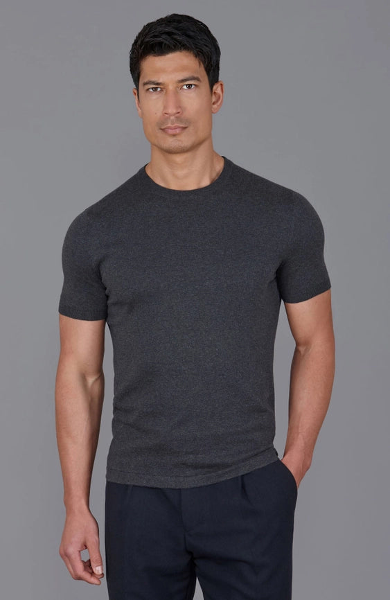 Mens Ultra Fine Cotton Knitted T-Shirt Anthracite-T-Shirt-Paul James Knitwear-XS-Anthracite-Urbanheer