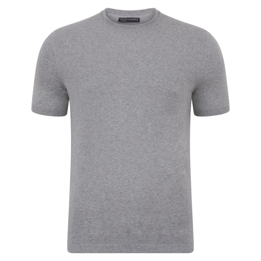Mens Ultra Fine Cotton Knitted T-Shirt Ash Grey-T-Shirt-Paul James Knitwear-XS-Ash Grey-Urbanheer