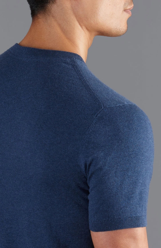 Mens Ultra Fine Cotton Knitted T-Shirt Blue Melange-T-Shirt-Paul James Knitwear-XS-Blue Melange-Urbanheer