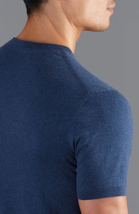 Mens Ultra Fine Cotton Knitted T-Shirt Blue Melange-T-Shirt-Paul James Knitwear-XS-Blue Melange-Urbanheer