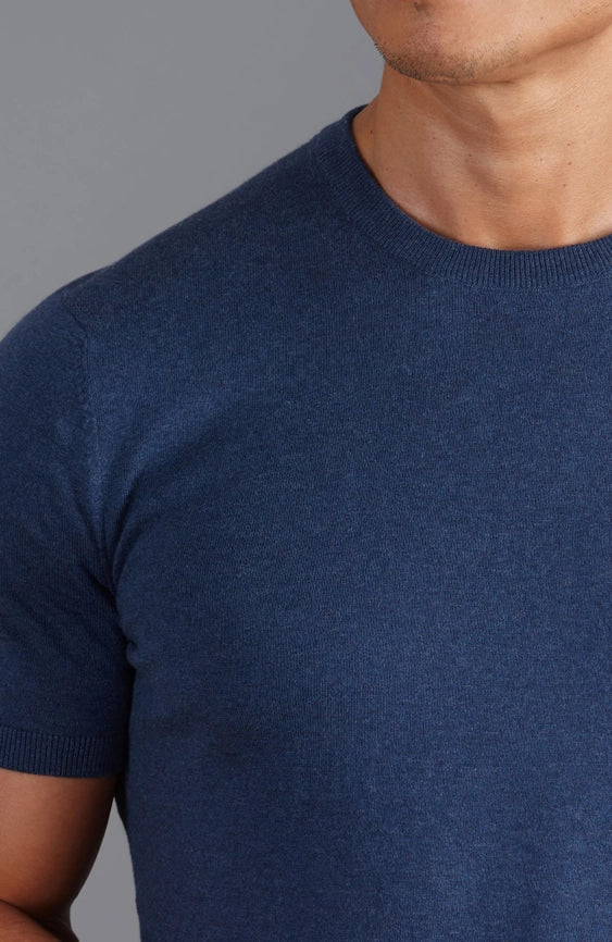 Mens Ultra Fine Cotton Knitted T-Shirt Blue Melange-T-Shirt-Paul James Knitwear-XS-Blue Melange-Urbanheer