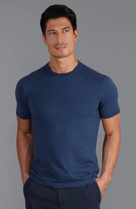 Mens Ultra Fine Cotton Knitted T-Shirt Blue Melange-T-Shirt-Paul James Knitwear-XS-Blue Melange-Urbanheer