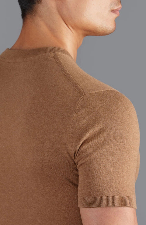 Mens Ultra Fine Cotton Knitted T-Shirt Camel-T-Shirt-Paul James Knitwear-XS-Camel-Urbanheer