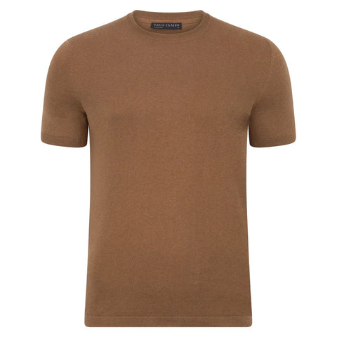 Mens Ultra Fine Cotton Knitted T-Shirt Camel-T-Shirt-Paul James Knitwear-XS-Camel-Urbanheer