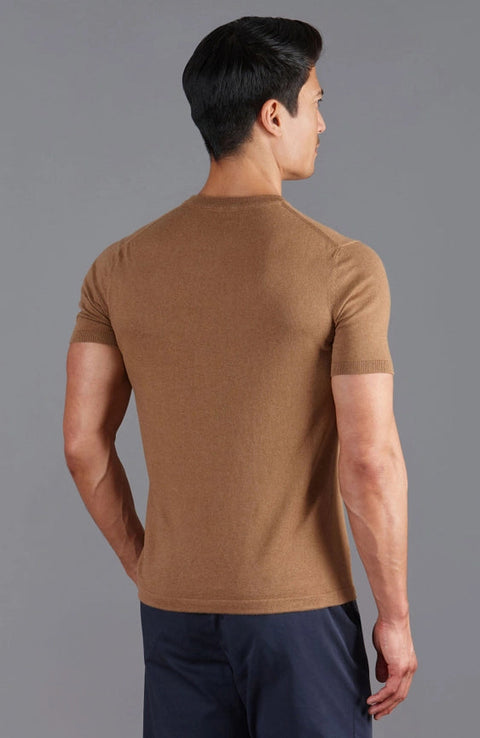 Mens Ultra Fine Cotton Knitted T-Shirt Camel-T-Shirt-Paul James Knitwear-XS-Camel-Urbanheer