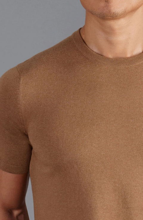 Mens Ultra Fine Cotton Knitted T-Shirt Camel-T-Shirt-Paul James Knitwear-XS-Camel-Urbanheer