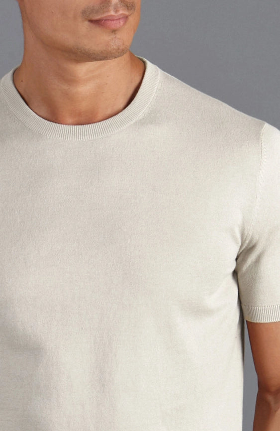 Mens Ultra Fine Cotton Knitted T-Shirt Ecru-T-Shirt-Paul James Knitwear-XS-Ecru-Urbanheer