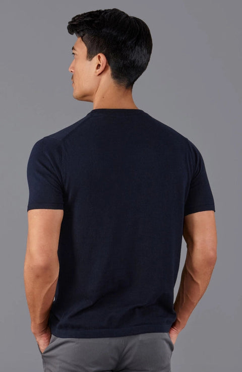 Mens Ultra Fine Cotton Knitted T-Shirt Navy-T-Shirt-Paul James Knitwear-XS-Navy-Urbanheer