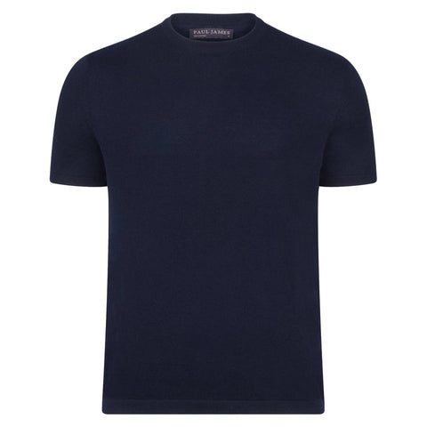 Mens Ultra Fine Cotton Knitted T-Shirt Navy-T-Shirt-Paul James Knitwear-XS-Navy-Urbanheer