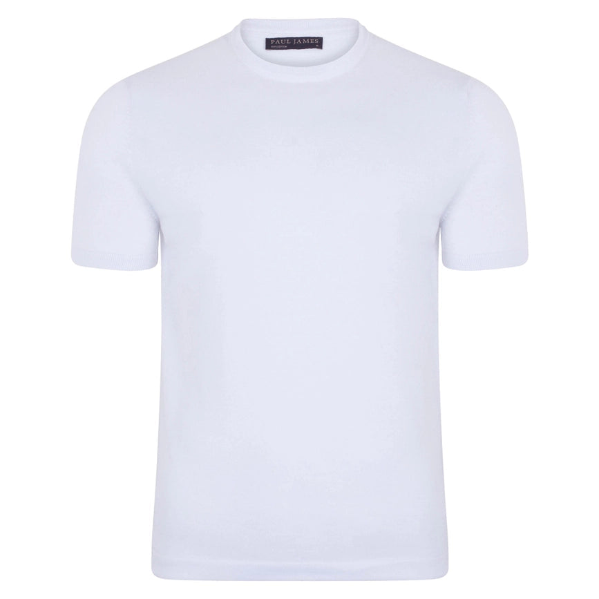 Mens Ultra Fine Cotton Knitted T-Shirt White-T-Shirt-Paul James Knitwear-XS-White-Urbanheer