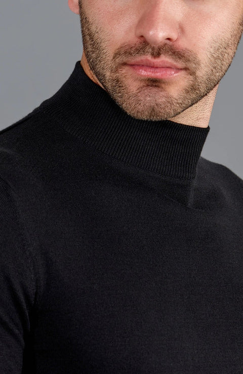 Mens Ultra Fine Cotton Mock Turtle Neck Jumper Black-Jumper-Paul James Knitwear-XS-Urbanheer