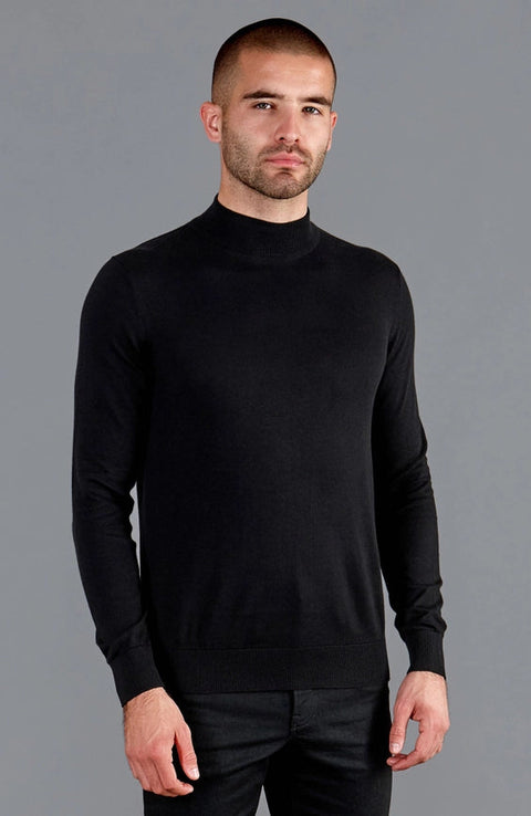 Mens Ultra Fine Cotton Mock Turtle Neck Jumper Black-Jumper-Paul James Knitwear-XS-Urbanheer