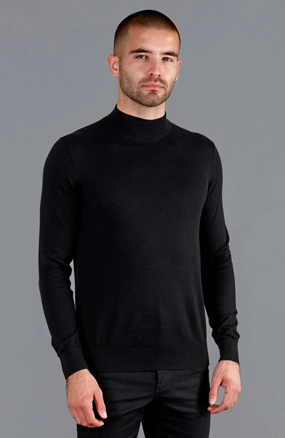 Mens Ultra Fine Cotton Mock Turtle Neck Jumper Black-Jumper-Paul James Knitwear-XS-Urbanheer