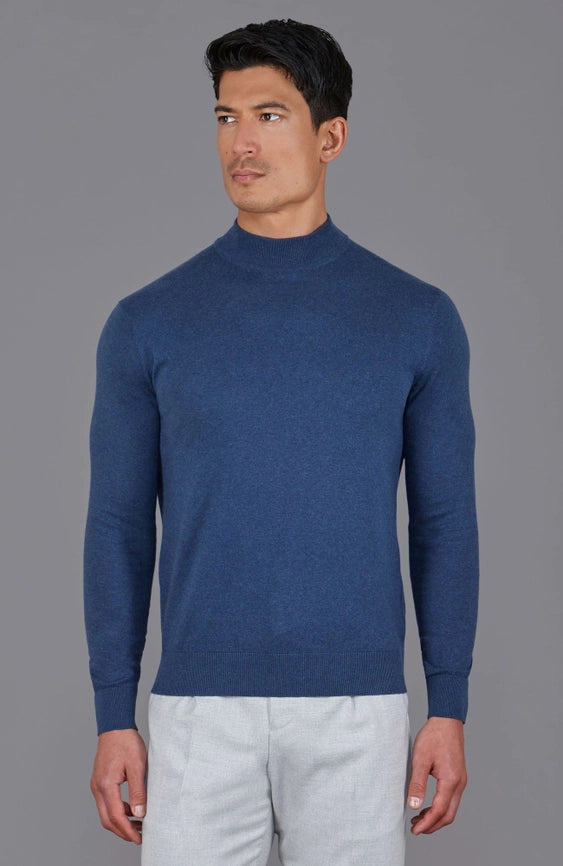 Mens Ultra Fine Cotton Mock Turtle Neck Jumper Blue Melange-Jumper-Paul James Knitwear-S-Urbanheer