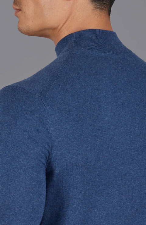 Mens Ultra Fine Cotton Mock Turtle Neck Jumper Blue Melange-Jumper-Paul James Knitwear-S-Urbanheer