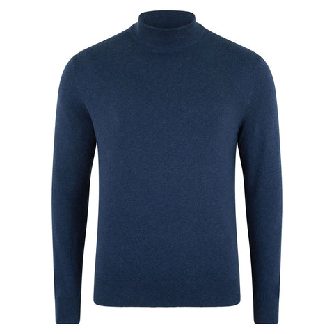Mens Ultra Fine Cotton Mock Turtle Neck Jumper Blue Melange-Jumper-Paul James Knitwear-S-Urbanheer