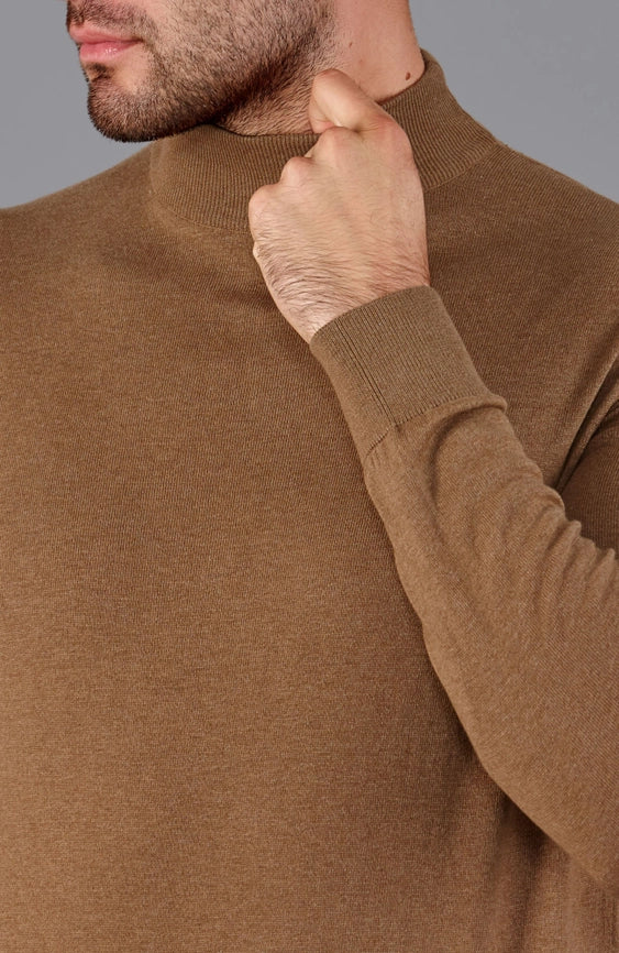 Mens Ultra Fine Cotton Mock Turtle Neck Jumper Camel-Jumper-Paul James Knitwear-S-Urbanheer