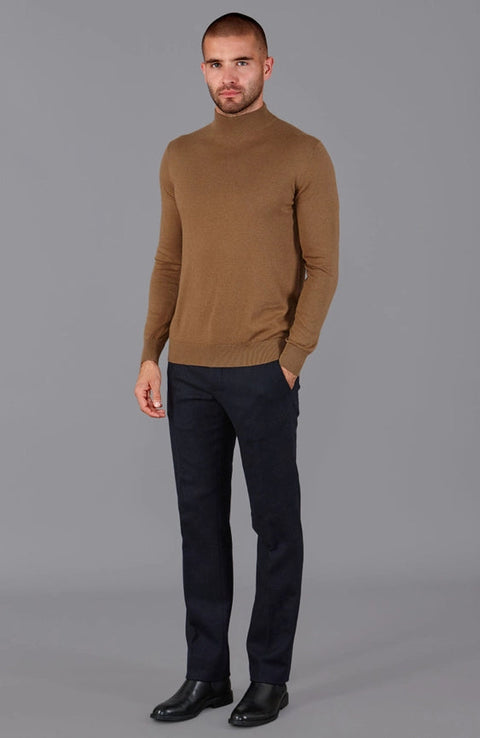 Mens Ultra Fine Cotton Mock Turtle Neck Jumper Camel-Jumper-Paul James Knitwear-S-Urbanheer