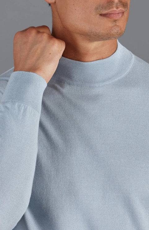 Mens Ultra Fine Cotton Mock Turtle Neck Jumper Chalk Blue-Jumper-Paul James Knitwear-XS-Urbanheer