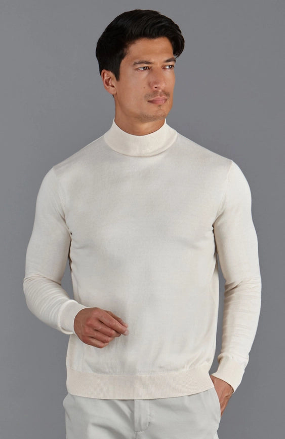 Mens Ultra Fine Cotton Mock Turtle Neck Jumper Ecru-Jumper-Paul James Knitwear-XS-Urbanheer