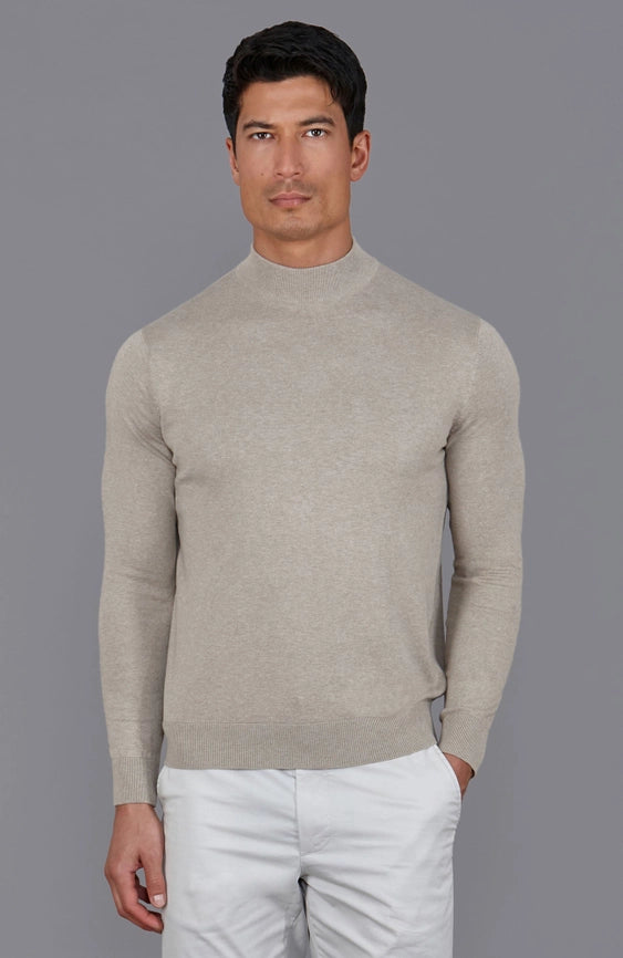 Mens Ultra Fine Cotton Mock Turtle Neck Jumper Fawn-Jumper-Paul James Knitwear-S-Urbanheer