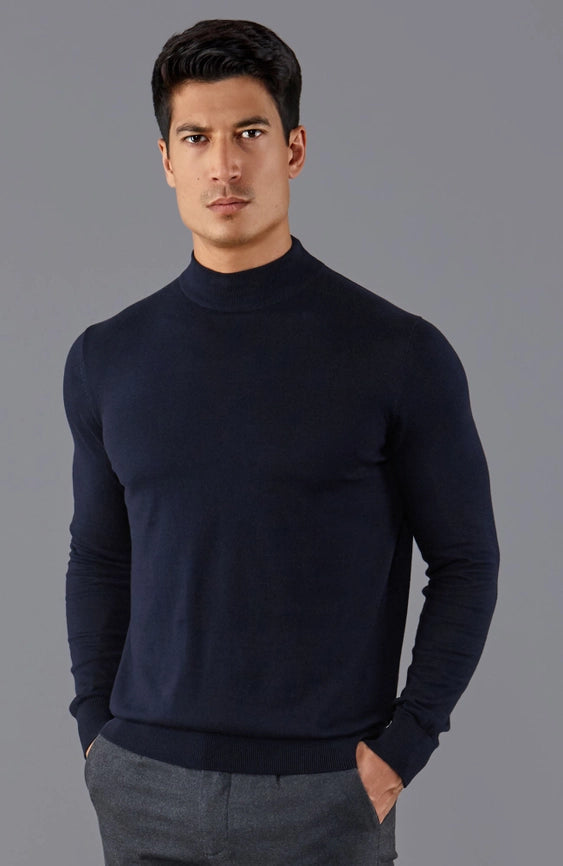 Mens Ultra Fine Cotton Mock Turtle Neck Jumper Navy-Jumper-Paul James Knitwear-S-Urbanheer