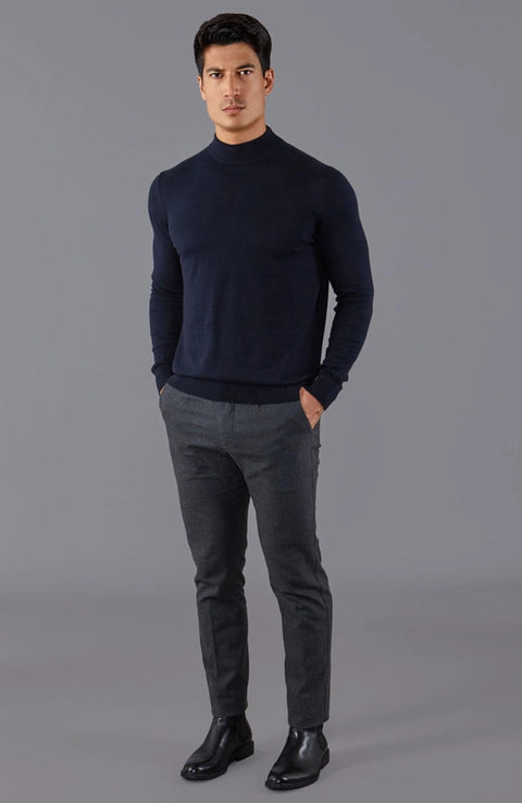Mens Ultra Fine Cotton Mock Turtle Neck Jumper Navy-Jumper-Paul James Knitwear-S-Urbanheer