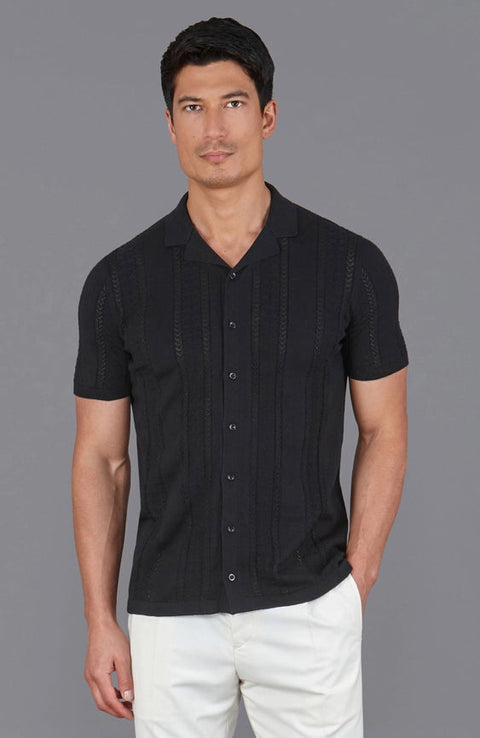 Mens Ultra Fine Cotton Open Knit Cuban Collar Shirt Black-Shirts-Paul James Knitwear-S-Urbanheer