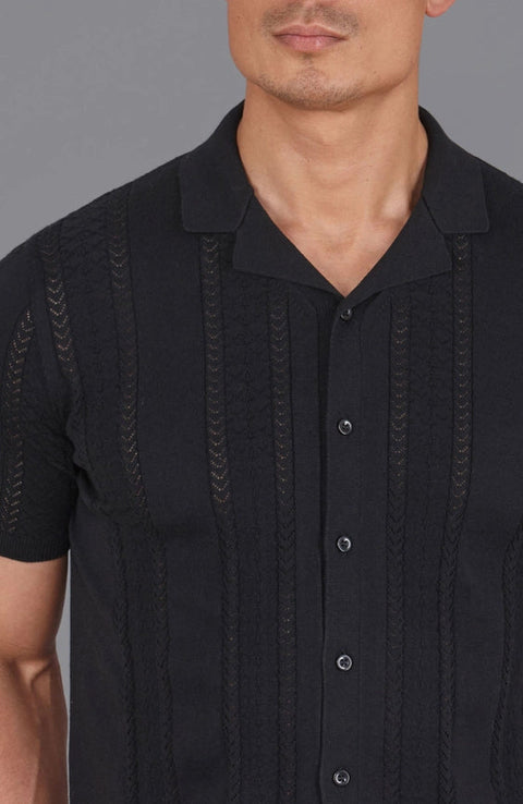 Mens Ultra Fine Cotton Open Knit Cuban Collar Shirt Black-Shirts-Paul James Knitwear-S-Urbanheer