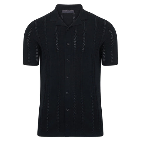 Mens Ultra Fine Cotton Open Knit Cuban Collar Shirt Black-Shirts-Paul James Knitwear-S-Urbanheer