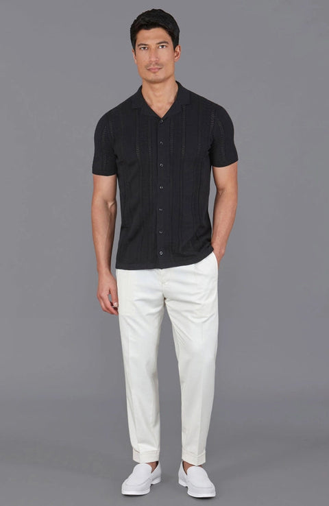 Mens Ultra Fine Cotton Open Knit Cuban Collar Shirt Black-Shirts-Paul James Knitwear-S-Urbanheer