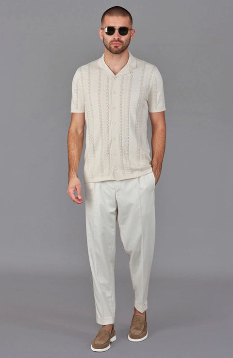 Mens Ultra Fine Cotton Open Knit Cuban Collar Shirt Ecru-Shirts-Paul James Knitwear-S-Urbanheer