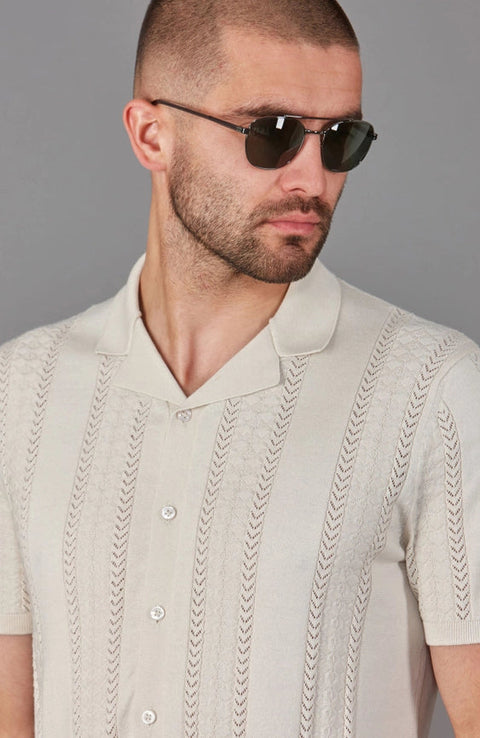 Mens Ultra Fine Cotton Open Knit Cuban Collar Shirt Ecru-Shirts-Paul James Knitwear-S-Urbanheer