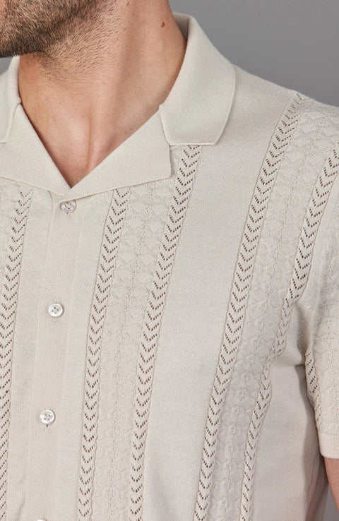 Mens Ultra Fine Cotton Open Knit Cuban Collar Shirt Ecru-Shirts-Paul James Knitwear-S-Urbanheer