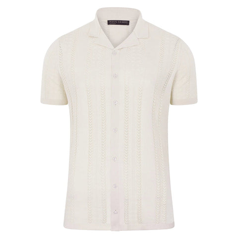 Mens Ultra Fine Cotton Open Knit Cuban Collar Shirt Ecru-Shirts-Paul James Knitwear-S-Urbanheer