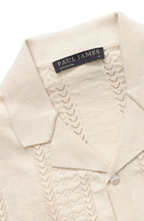 Mens Ultra Fine Cotton Open Knit Cuban Collar Shirt Ecru-Shirts-Paul James Knitwear-S-Urbanheer