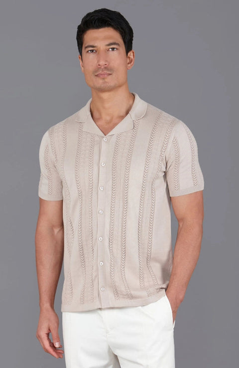 Mens Ultra Fine Cotton Open Knit Cuban Collar Shirt Linen-Shirts-Paul James Knitwear-S-Urbanheer