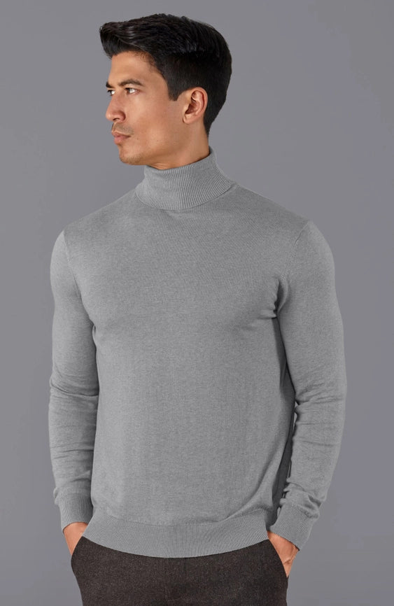 Mens Ultra Fine Cotton Roll Neck Jumper Ash Grey-Jumper-Paul James Knitwear-XS-Urbanheer