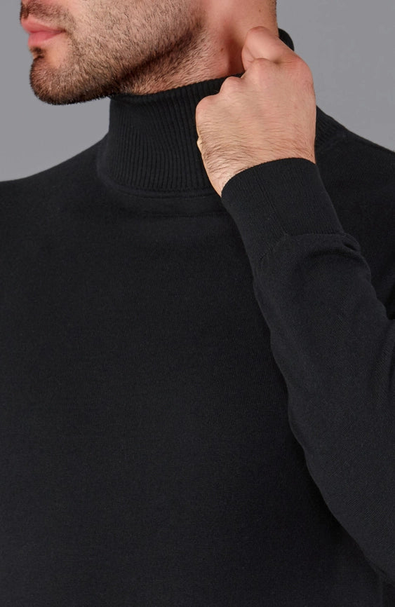 Mens Ultra Fine Cotton Roll Neck Jumper Black-Jumper-Paul James Knitwear-XS-Urbanheer