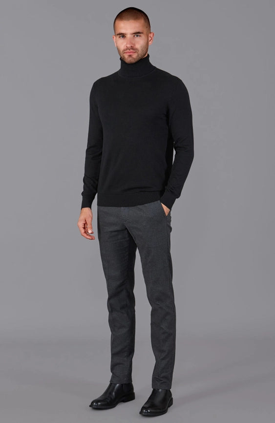 Mens Ultra Fine Cotton Roll Neck Jumper Black-Jumper-Paul James Knitwear-XS-Urbanheer