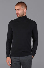 Mens Ultra Fine Cotton Roll Neck Jumper Black-Jumper-Paul James Knitwear-XS-Urbanheer