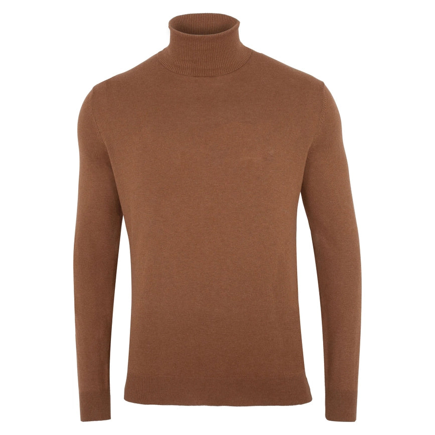 Mens Ultra Fine Cotton Roll Neck Jumper Camel-Jumper-Paul James Knitwear-XS-Urbanheer