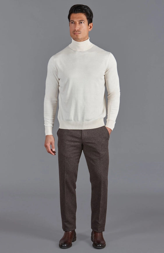 Mens Ultra Fine Cotton Roll Neck Jumper Ecru-Jumper-Paul James Knitwear-XS-Urbanheer