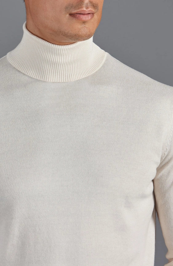 Mens Ultra Fine Cotton Roll Neck Jumper Ecru-Jumper-Paul James Knitwear-XS-Urbanheer